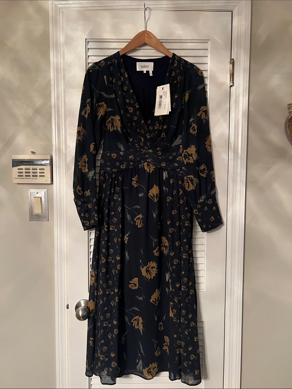 ba&sh Navy and Mustard Floral Wrap Midi Dress